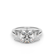 White Gold Round Shape Diamond Three Stone Engagement Ring With Trapezoid Side Stone Prong Setting